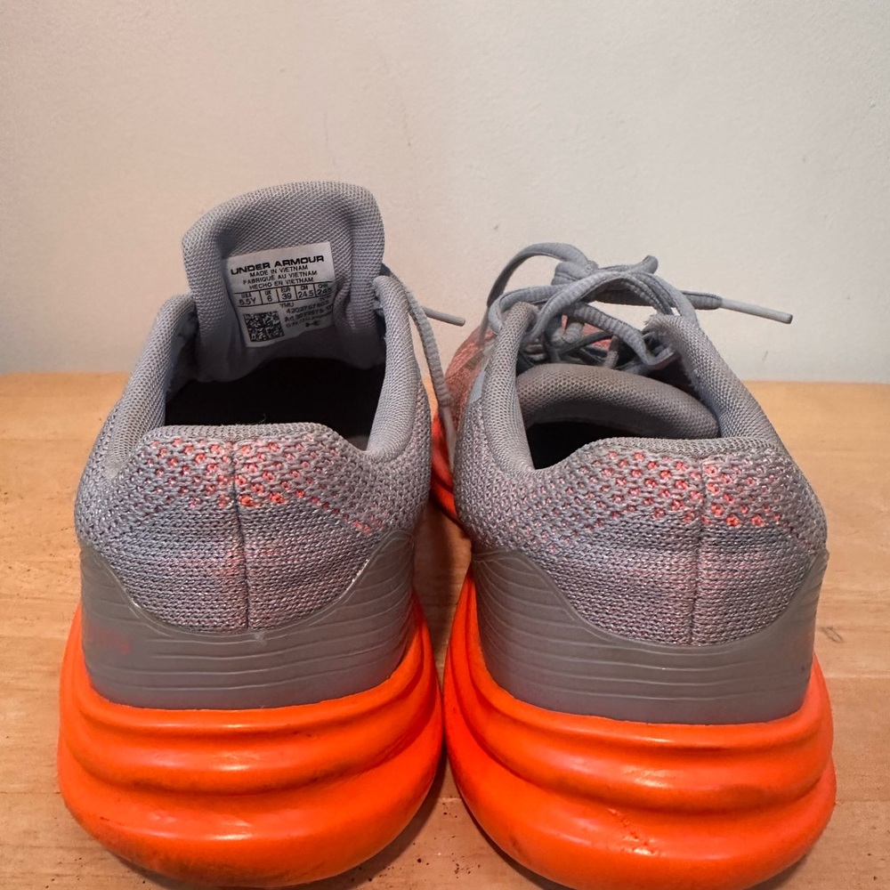 Under Armour Kid’s Gray and Orange Running Shoes - Picture 4 of 6